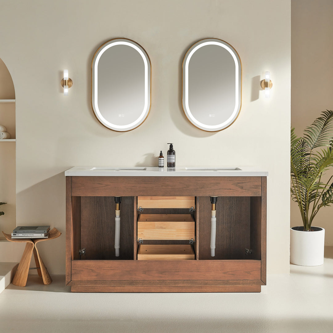 Mira 60" Walnut Solid Wood Double Sink Freestanding Bathroom Vanity with Quartz Countertop &amp; 2 Undermount Sinks | Modern Vanity Canada