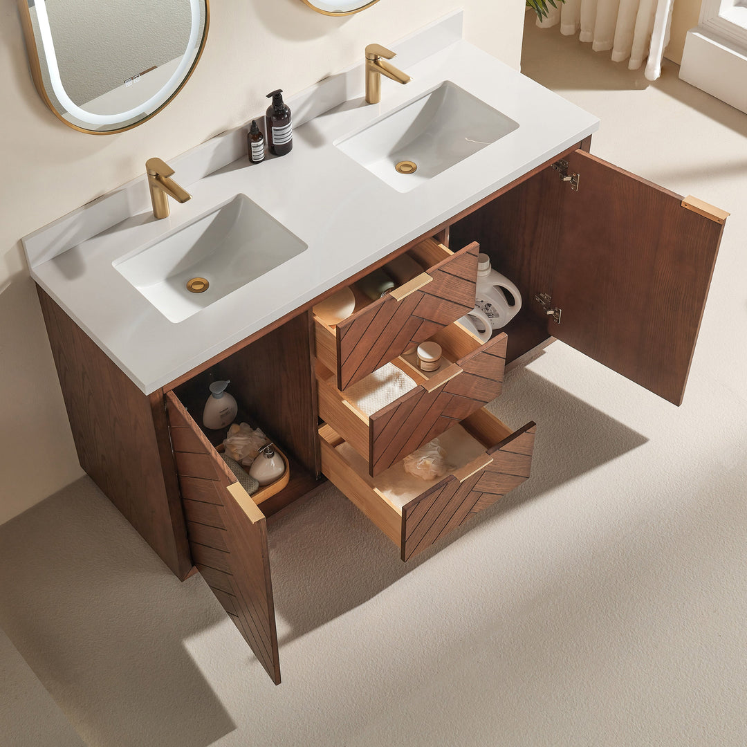 Mira 60 inch vanity 3 dovetail drawers and 2 soft-close cabinet doors walnut