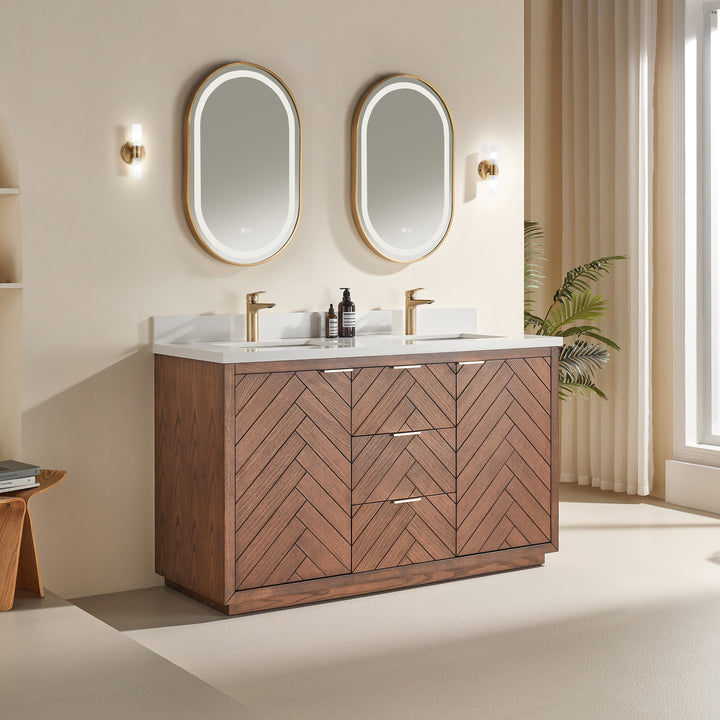 Mira 60 inch walnut double sink freestanding bathroom vanity with quartz countertop Canada