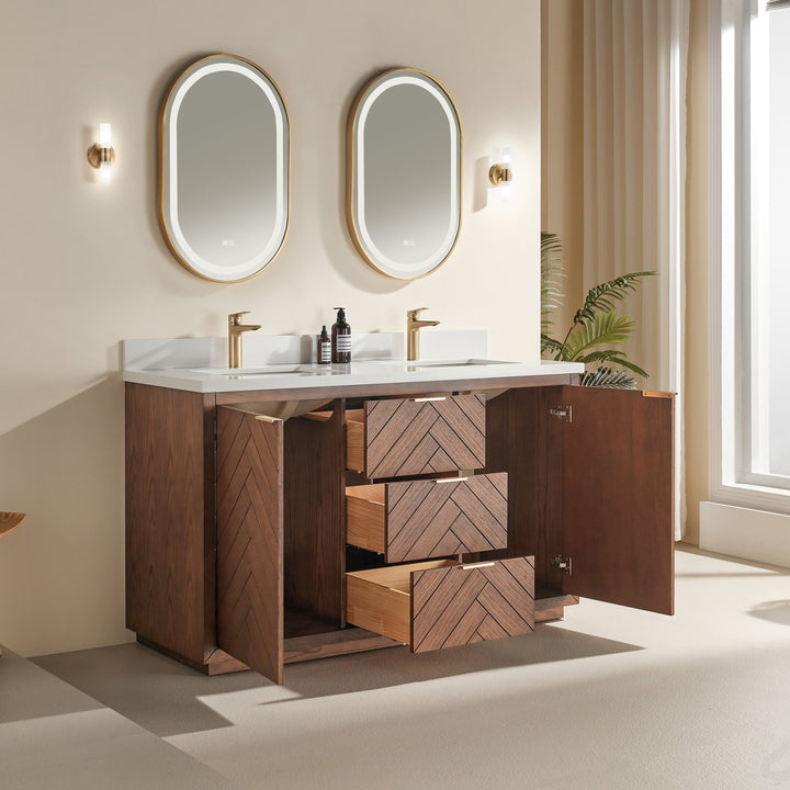 Mira 60 inch vanity 3 dovetail drawers and 2 soft-close cabinet doors walnut