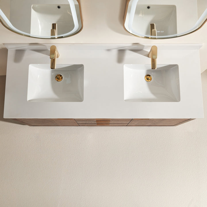 Mira 60" Walnut Solid Wood Double Sink Freestanding Bathroom Vanity with Quartz Countertop &amp; 2 Undermount Sinks | Modern Vanity Canada