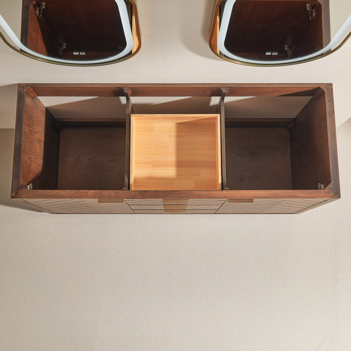 Mira 60" Walnut Solid Wood Double Sink Freestanding Bathroom Vanity with Quartz Countertop &amp; 2 Undermount Sinks | Modern Vanity Canada