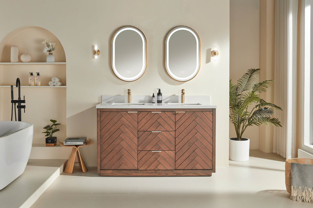 Mira 60 inch walnut double sink freestanding bathroom vanity with quartz countertop Canada