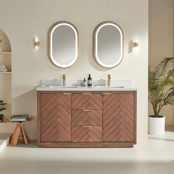 Mira 60" Walnut Solid Wood Double Sink Freestanding Bathroom Vanity with Quartz Countertop &amp; 2 Undermount Sinks | Modern Vanity Canada