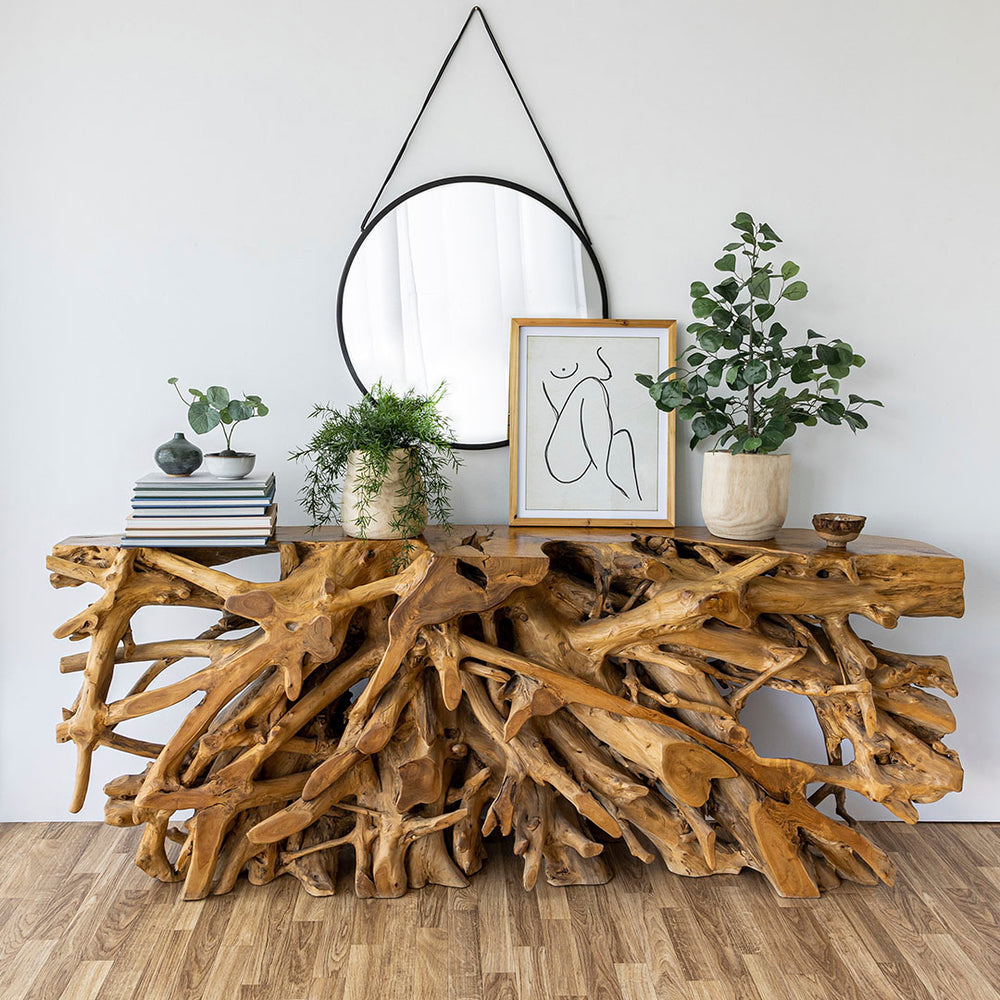 Modern entryway featuring Natura Bebas console as a sculptural centerpiece
