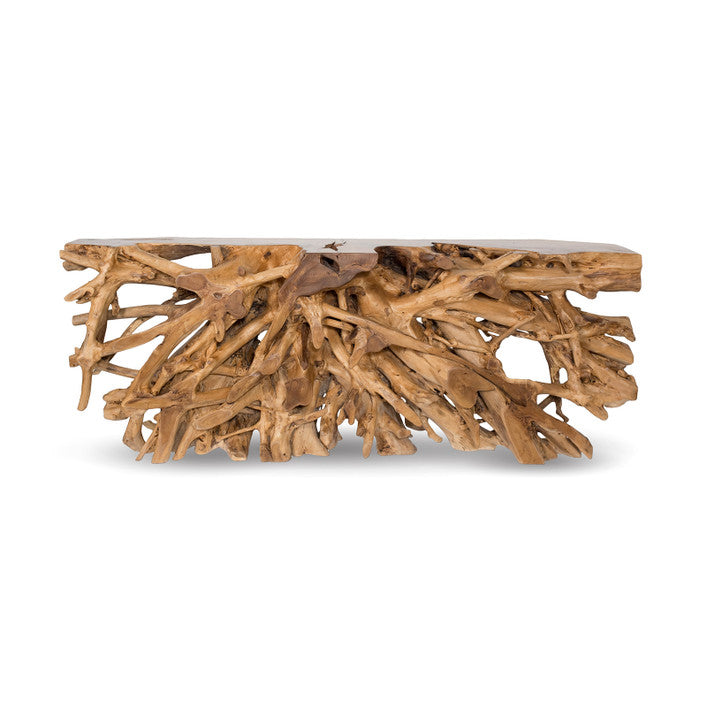 Handcrafted console table made from reclaimed teak roots. Each piece unique, sustainable, and sculptural. Free Canada-wide shipping.