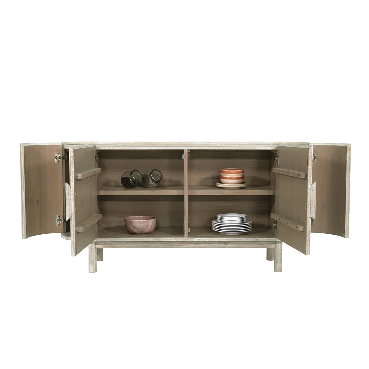 Reed sideboard corner cupboards and centre cabinet open white wash acacia
