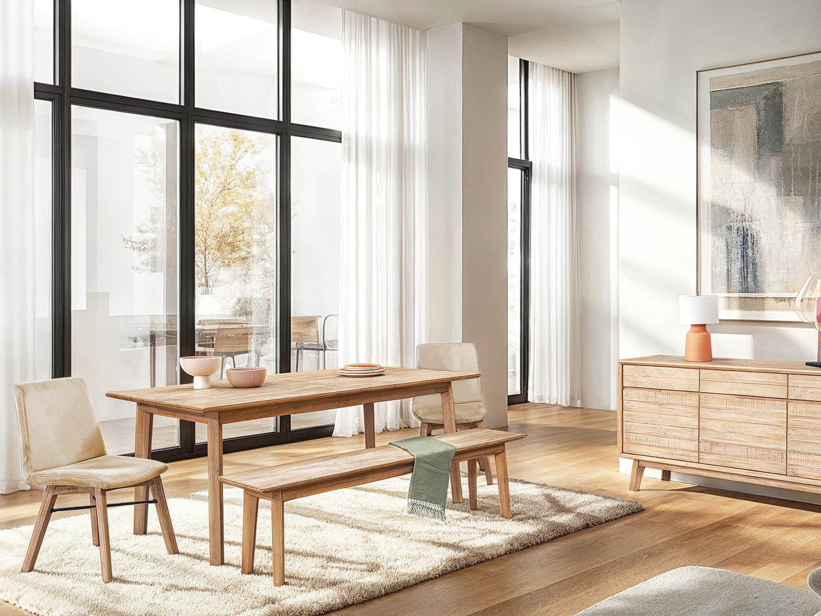 Elegant solid acacia sideboard with felt-lined drawers in bright neutral space
