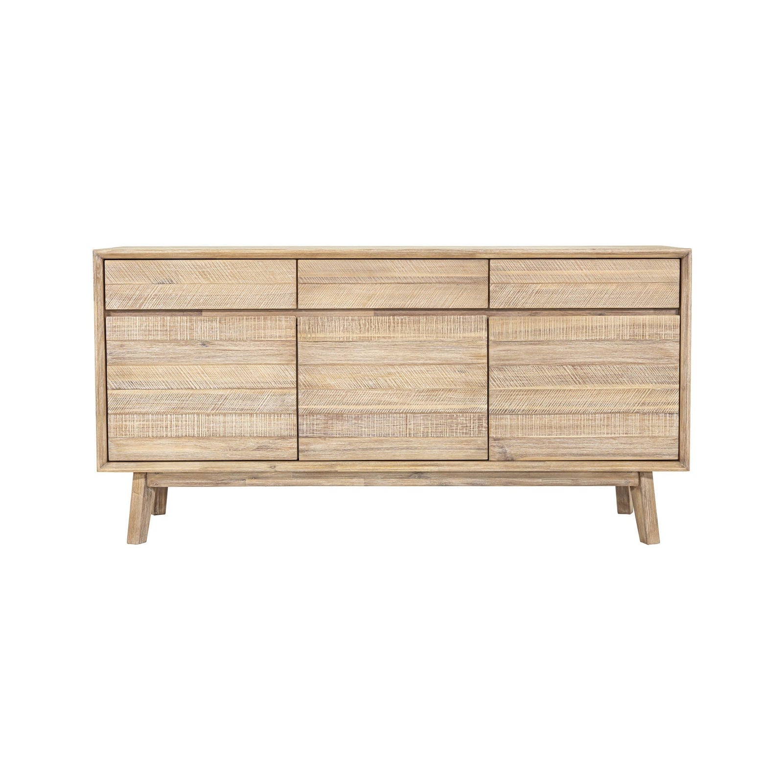 Elegant acacia sideboard in a light driftwood finish with felt-lined drawers. Refined storage for modern homes. Free Canada-wide shipping.