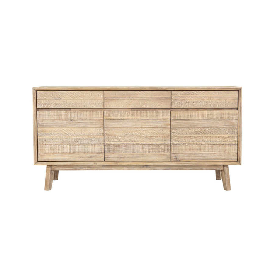 Elegant acacia sideboard in a light driftwood finish with felt-lined drawers. Refined storage for modern homes. Free Canada-wide shipping.