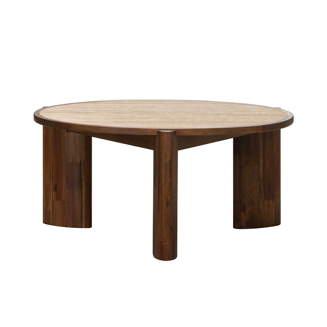 Petra 36 inch round ceramic travertine coffee table solid acacia wood legs Canada