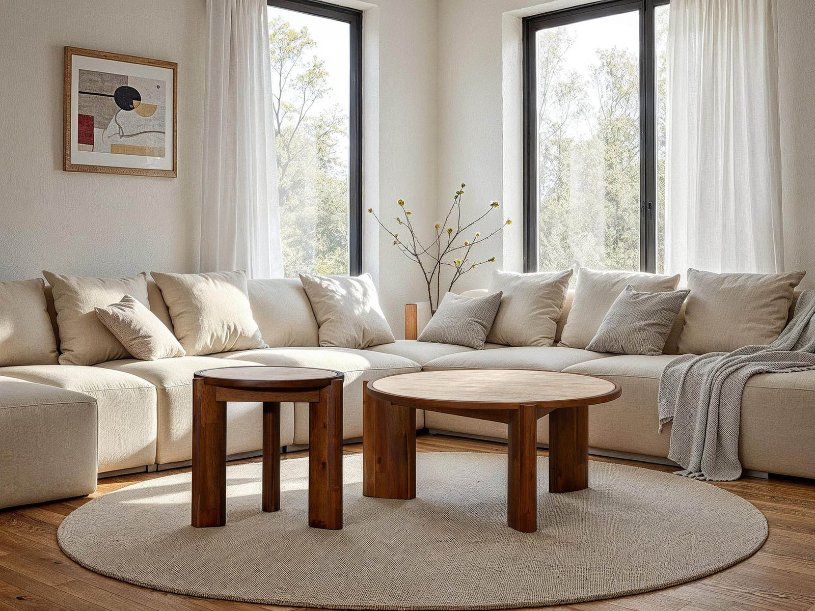 Petra 36 inch round ceramic travertine coffee table solid acacia wood legs Canada