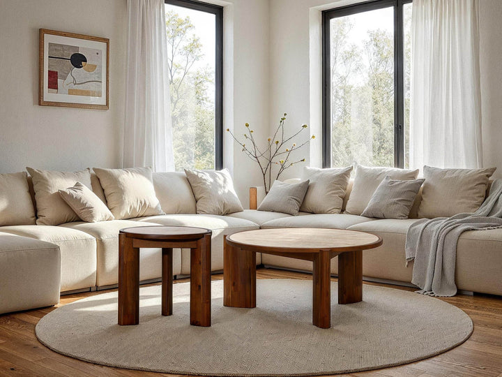 Petra 36 inch round ceramic travertine coffee table solid acacia wood legs Canada