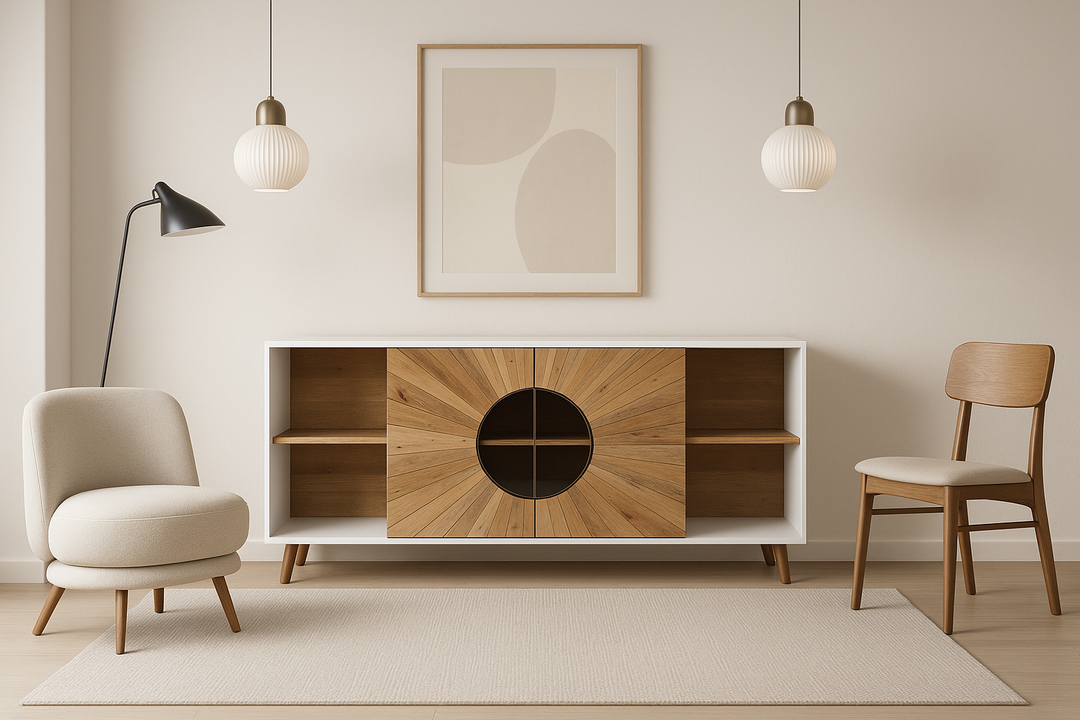 Riad reclaimed wood white lacquer sideboard styled in boho Canadian dining room