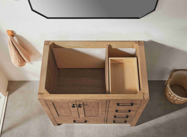 Nora 36″ Bathroom Vanity – Solid Wood with White Quartz Top, Antique Oak - Left Side Sink - Decoronto