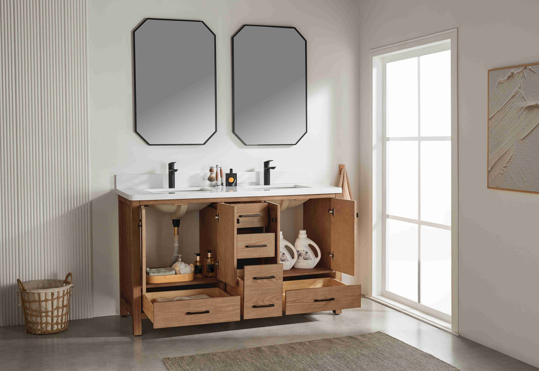 Nora 60″ Bathroom Vanity – Solid Wood with White Quartz Top, Antique Oak - Double Sink - Decoronto