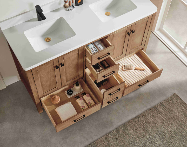 Nora 60″ Bathroom Vanity – Solid Wood with White Quartz Top, Antique Oak - Double Sink - Decoronto
