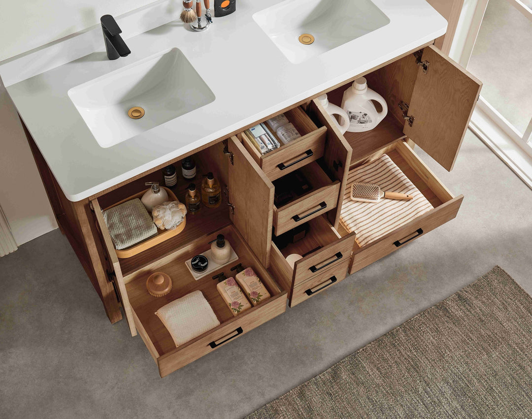 Nora 60″ Bathroom Vanity – Solid Wood with White Quartz Top, Antique Oak - Double Sink - Decoronto