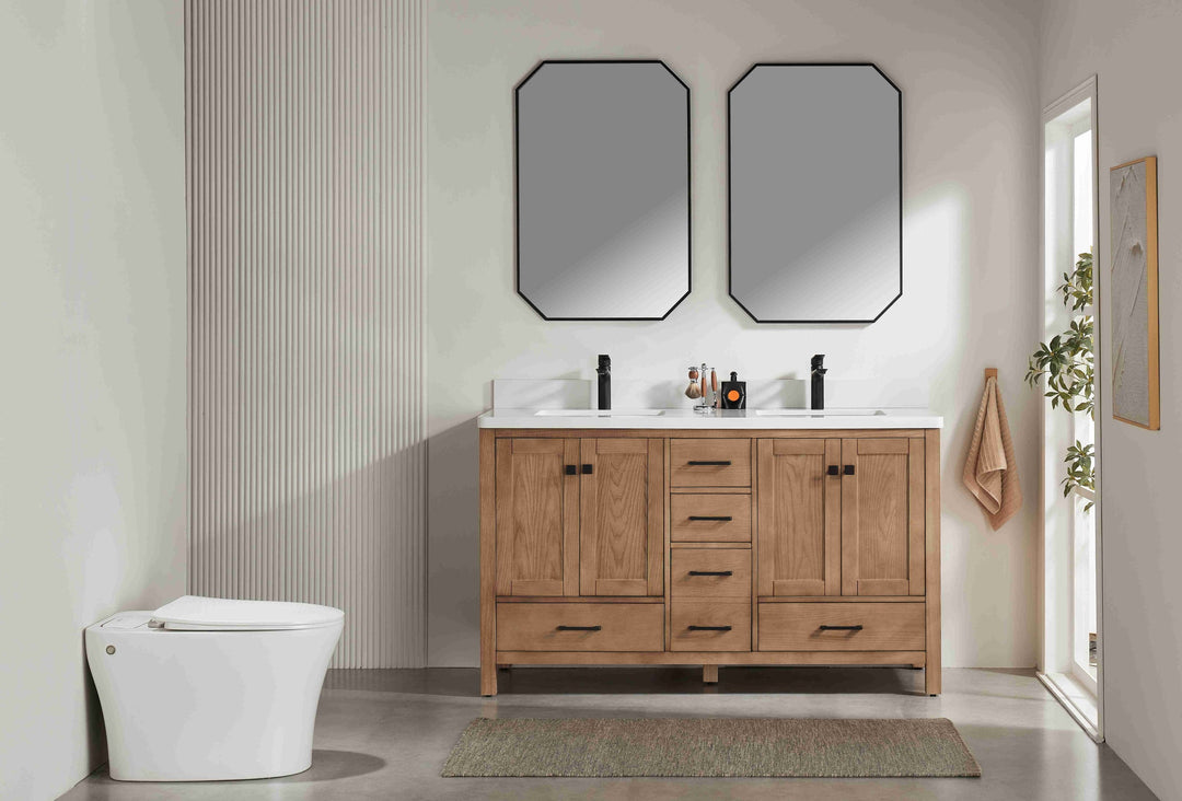 Nora 60″ Bathroom Vanity – Solid Wood with White Quartz Top, Antique Oak - Double Sink - Decoronto