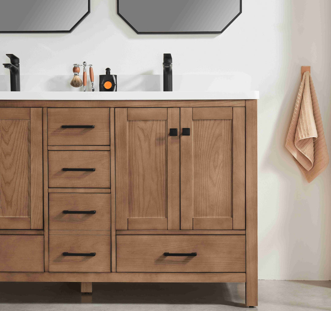 Nora 60″ Bathroom Vanity – Solid Wood with White Quartz Top, Antique Oak - Double Sink - Decoronto