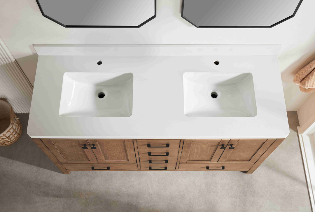 Nora 60″ Bathroom Vanity – Solid Wood with White Quartz Top, Antique Oak - Double Sink - Decoronto