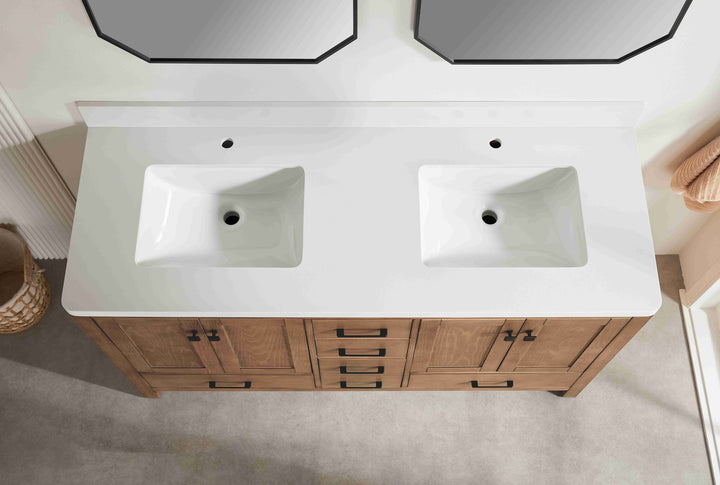 Nora 60″ Bathroom Vanity – Solid Wood with White Quartz Top, Antique Oak - Double Sink - Decoronto