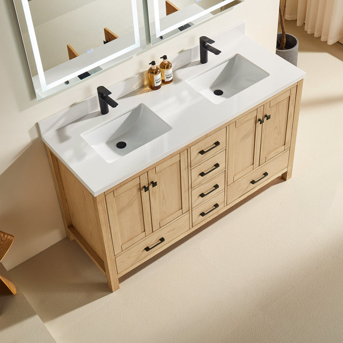 Eminence - 60" White Oak,  Double Sink, White Quartz Countertop - Decoronto