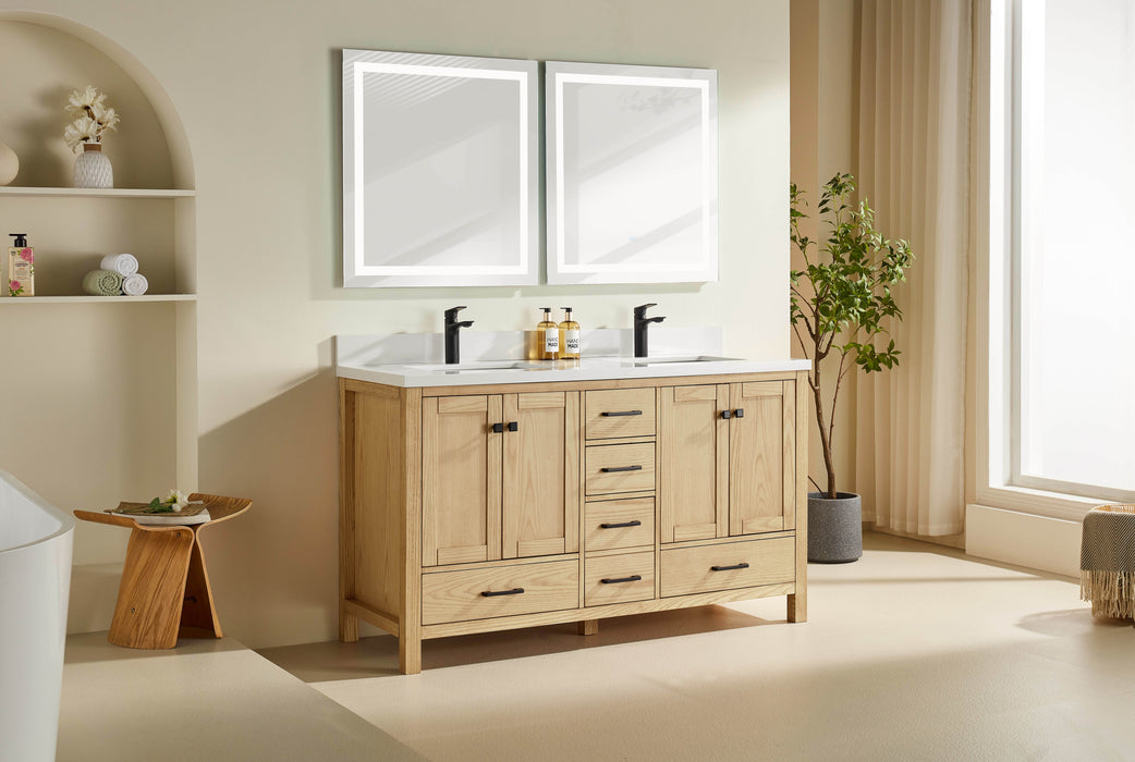 Eminence - 60" White Oak,  Double Sink, White Quartz Countertop - Decoronto