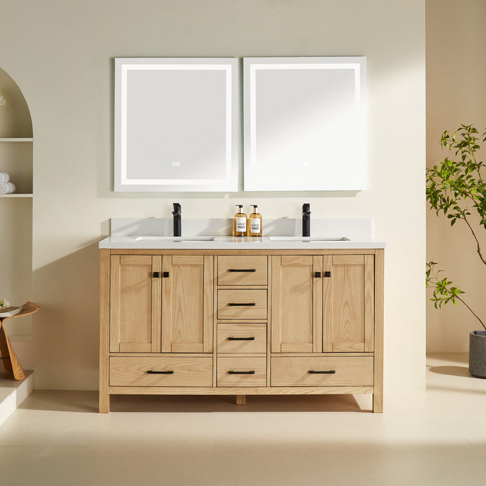 Eminence - 60" White Oak,  Double Sink, White Quartz Countertop - Decoronto