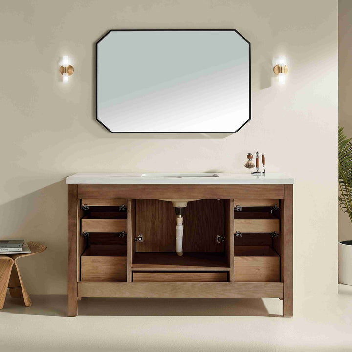 Nora 60″ Bathroom Vanity – Solid Wood with White Quartz Top, Antique Oak - Single Sink - Decoronto