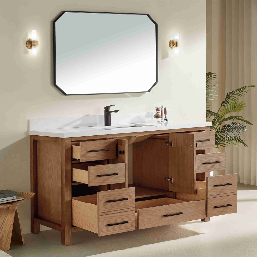 Nora 60″ Bathroom Vanity – Solid Wood with White Quartz Top, Antique Oak - Single Sink - Decoronto
