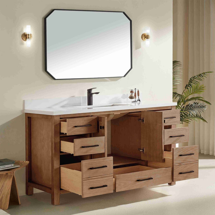 Nora 60″ Bathroom Vanity – Solid Wood with White Quartz Top, Antique Oak - Single Sink - Decoronto