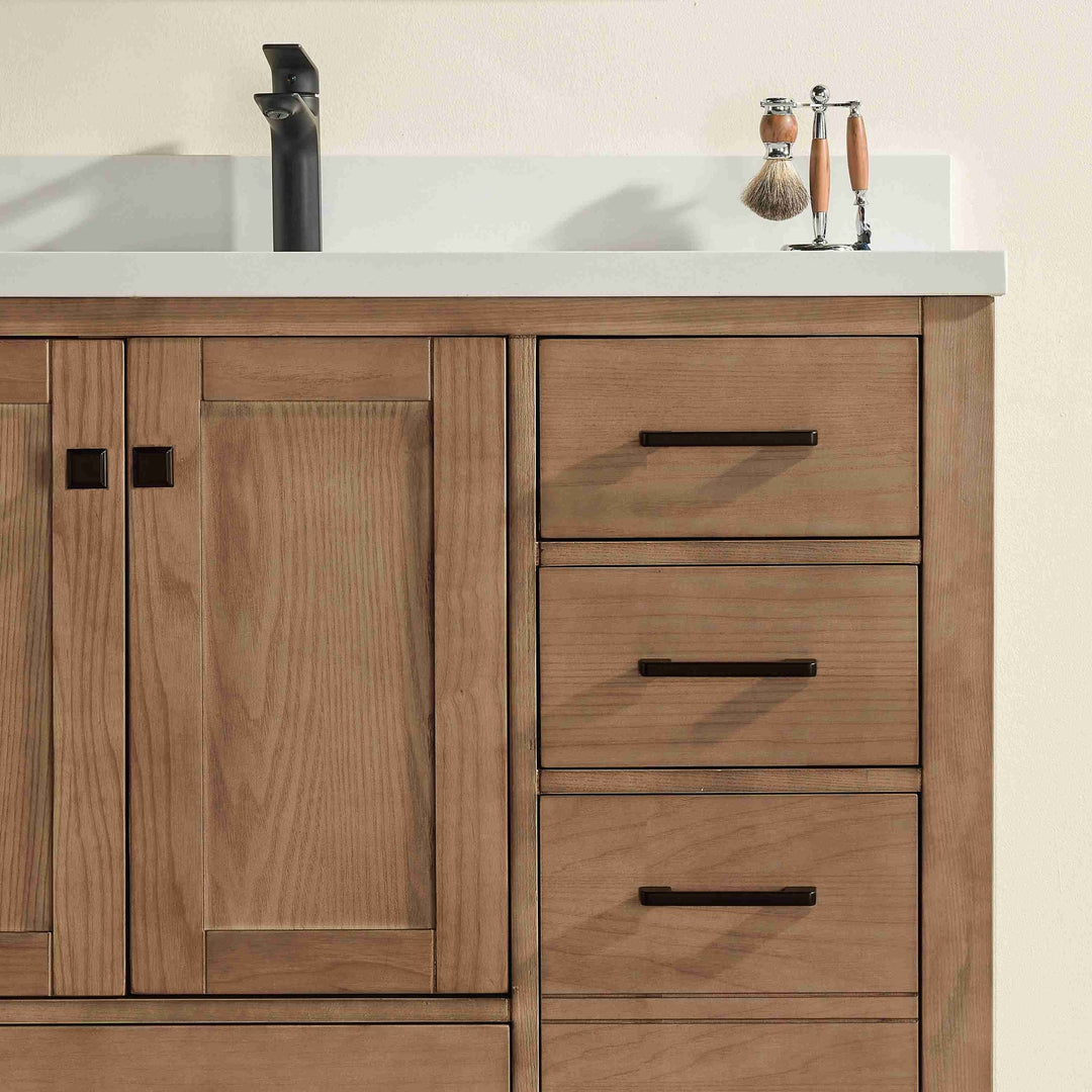 Nora 60″ Bathroom Vanity – Solid Wood with White Quartz Top, Antique Oak - Single Sink - Decoronto