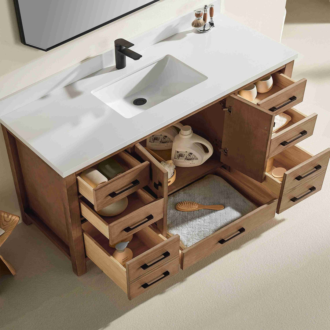 Nora 60″ Bathroom Vanity – Solid Wood with White Quartz Top, Antique Oak - Single Sink - Decoronto