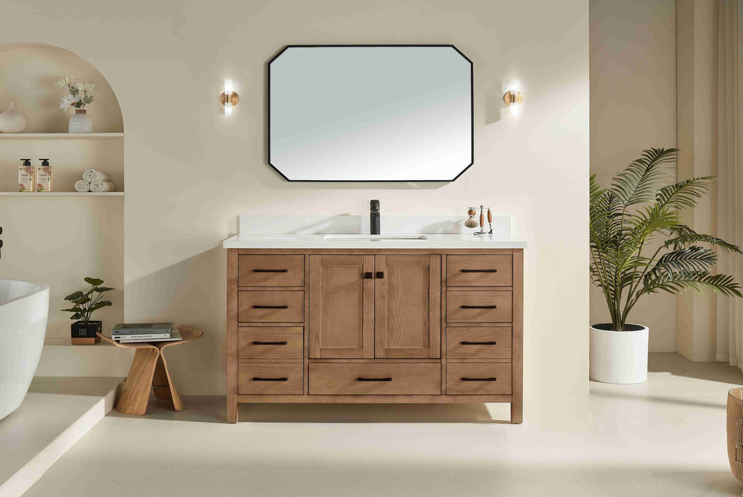 Nora 60″ Bathroom Vanity – Solid Wood with White Quartz Top, Antique Oak - Single Sink - Decoronto