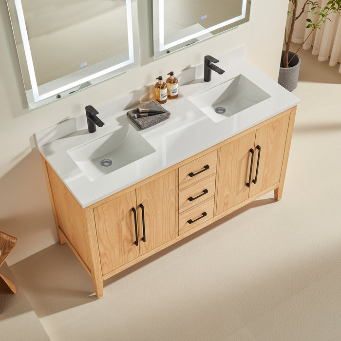 Austin - 60" White Oak, White Quartz Countertop, Double Sink - Decoronto