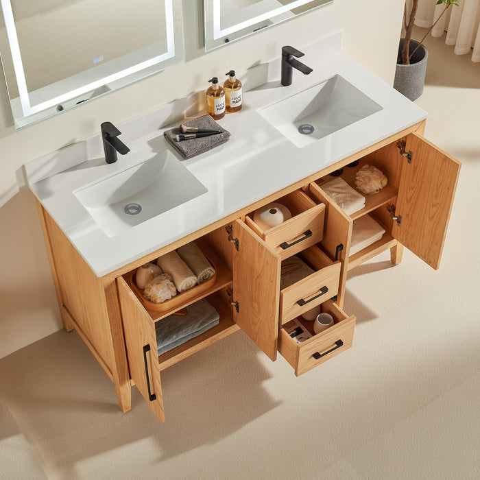 Austin - 60" White Oak, White Quartz Countertop, Double Sink - Decoronto