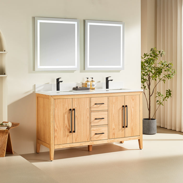 Austin - 60" White Oak, White Quartz Countertop, Double Sink - Decoronto