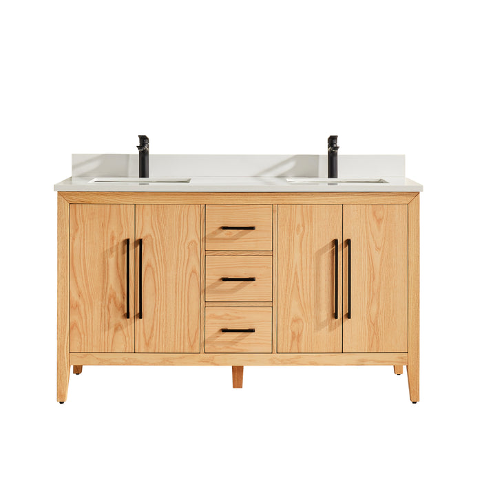 Austin - 60" White Oak, White Quartz Countertop, Double Sink - Decoronto