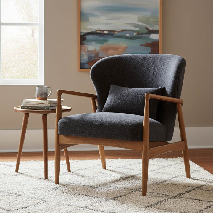 Beckett Club Chair – Inkwell Grey-Blue Upholstered Accent Chair with Ash Wood Frame &amp; Lumbar Pillow