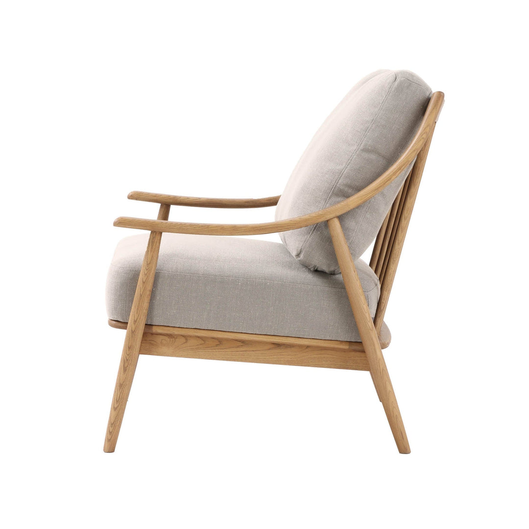 Harlow mid-century modern accent chair tapered ash legs light linen fabric side view