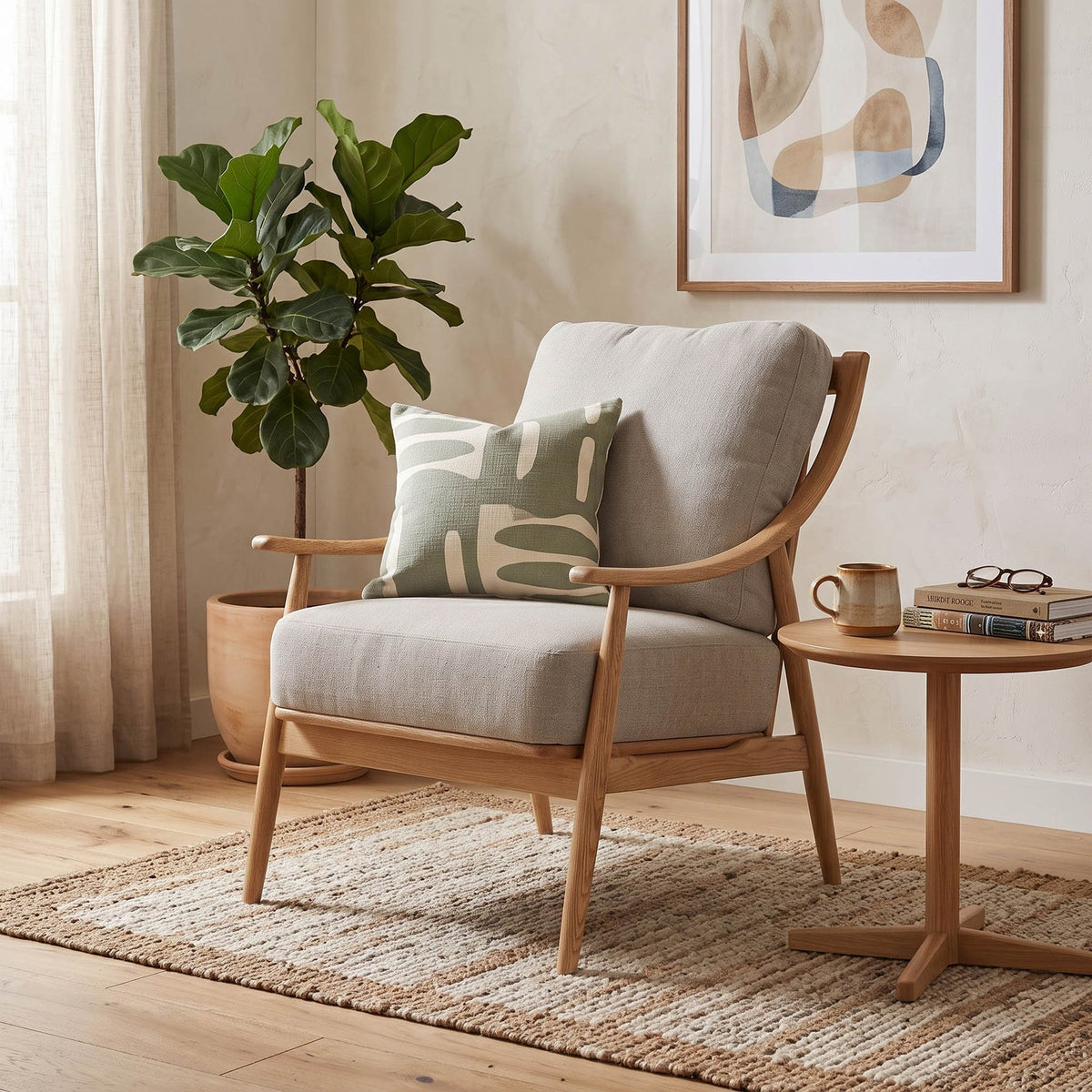 Harlow linen club chair styled in modern Canadian living room
