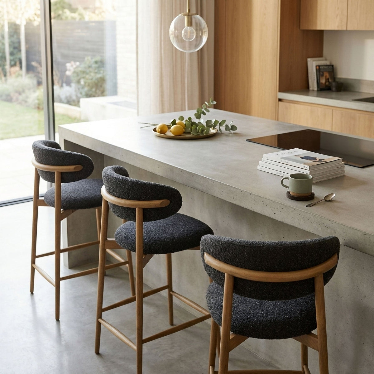 Wren Cloud Storm counter stool at kitchen island Canadian home