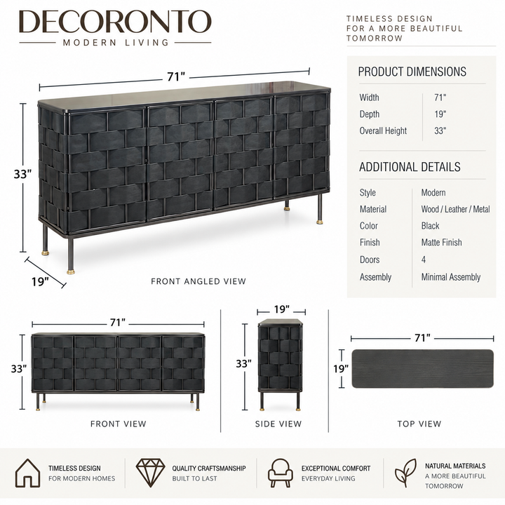 Decoronto modern credenza shown with multiple labeled views and dimensions on a white background, including front angled view, front view, side view, and top view. The product has a brown wood-and-cork textured front, slim dark legs, and measurement callouts listing width 71", depth 16", and overall height 31".