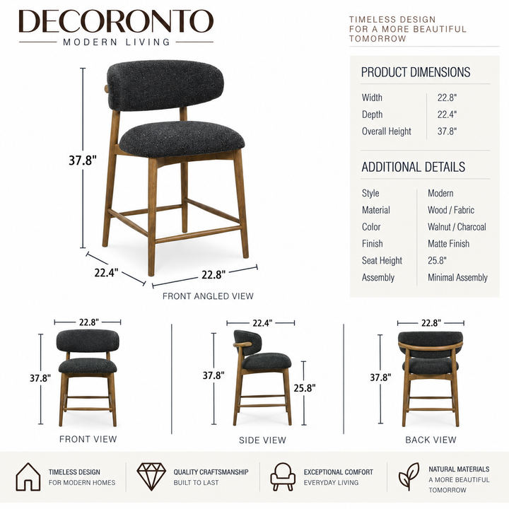 A product infographic for a Decoronto modern bar stool, showing front, side, and back views with dimensions, plus material and finish details on a white background.