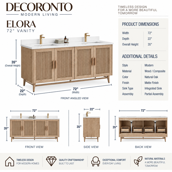 Elora 72" Double Sink Bathroom Vanity , Antique Oak , Solid Wood ,White Quartz Countertop , 2 Undermount Sinks , Soft-Close - Decoronto