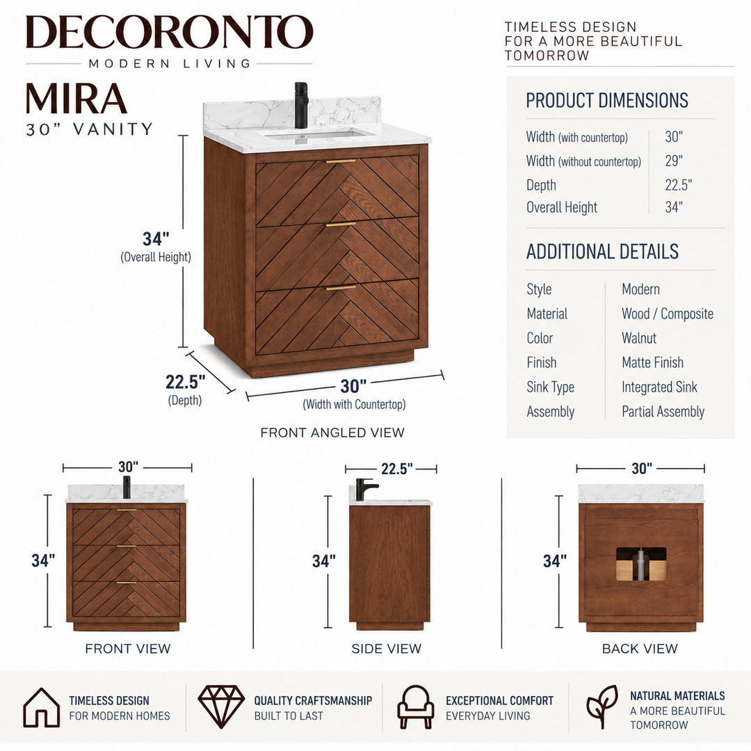 Decoronto Mira 30" vanity cabinet infographic showing front, side, and back views with dimensions, plus a rendered front angled view of the cabinet with a white marble top and black faucet. Text lists product dimensions, additional details, and feature icons.