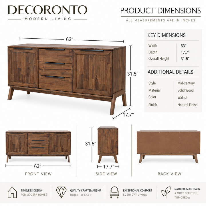 Product dimensions infographic for a Decoronto mid-century modern walnut wood sideboard. The image features a large 3D rendering of the sideboard with dimension lines indicating 31.
