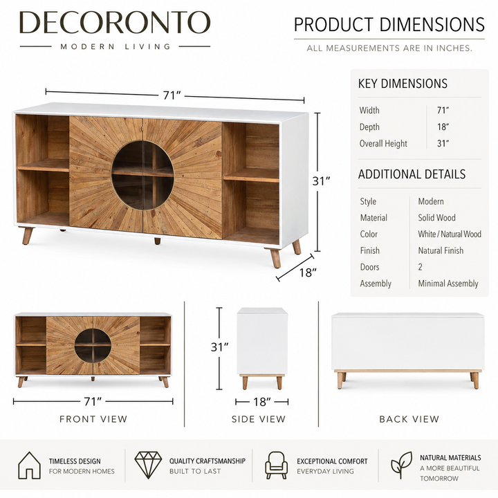 Decoronto modern living sideboard cabinet with white finish and natural wood grain doors, shown with front, side, and back views plus product dimensions and feature icons on a white background.