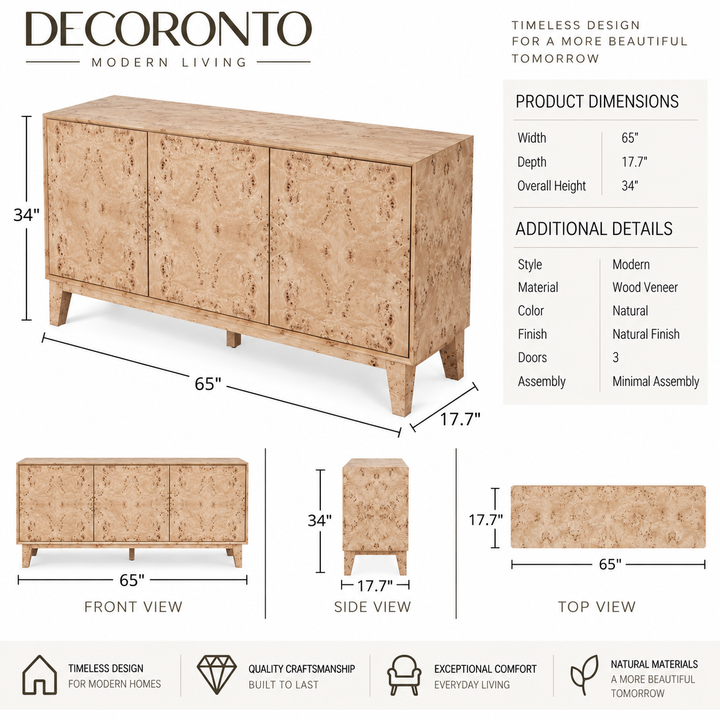 Decoronto modern wood sideboard cabinet with dimension callouts showing front, side, and top views, plus product dimensions and feature text on a white background.